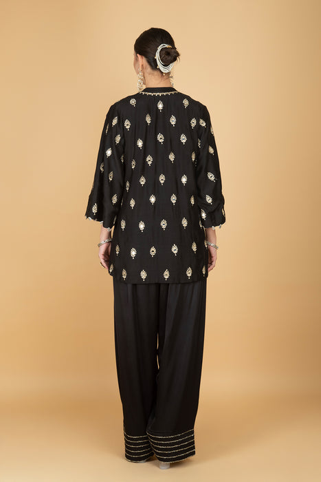 Black Mirror Butti Embroidered Short Kurta with Farsi Salwar & Printed Dupatta