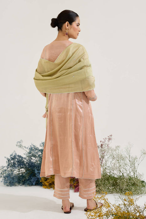 Mint Pink Sequins Floral Chanderi Stripe Dupatta