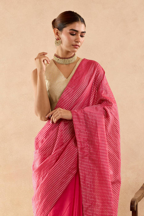 Fuchsia Pink Chanderi Saree with Stripe Pallu with Dupion Zari Blouse