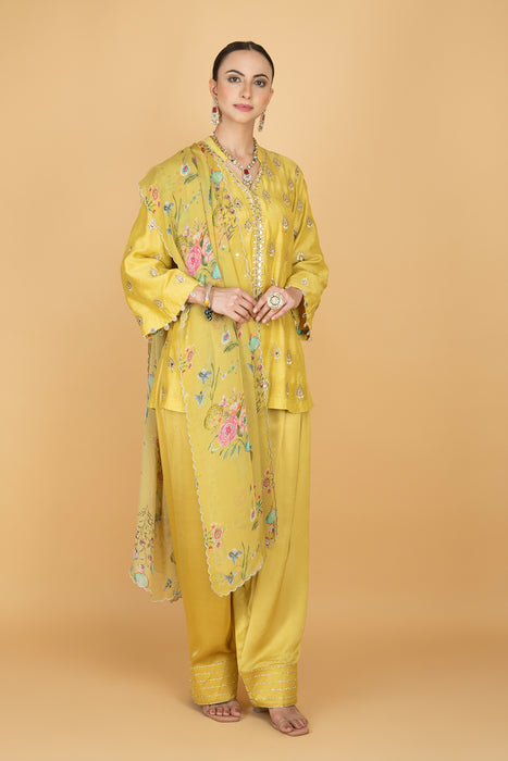 Lime Yellow Mirror Butti Embroidered Short Kurta with Farsi Salwar & Printed Dupatta