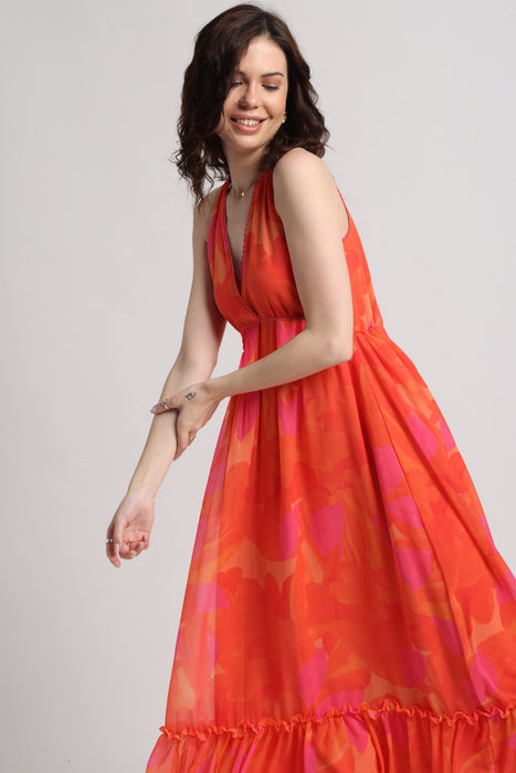 Playful Orange Surplice Maxi Dress