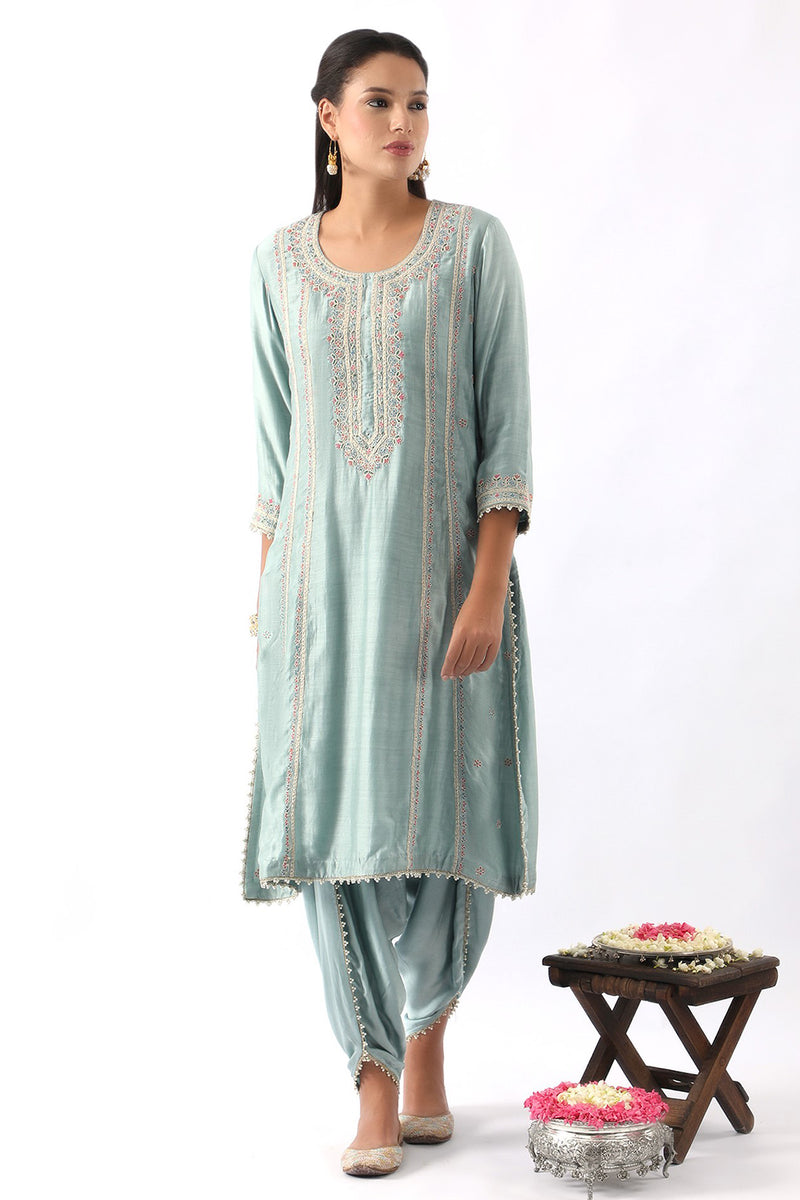 Ice Blue Embroidered A-Line Kurta & Dhoti Set