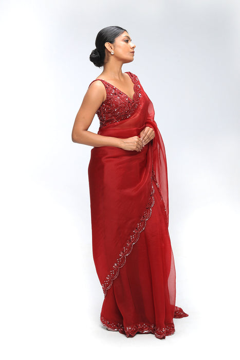 Red Reverie scallop saree