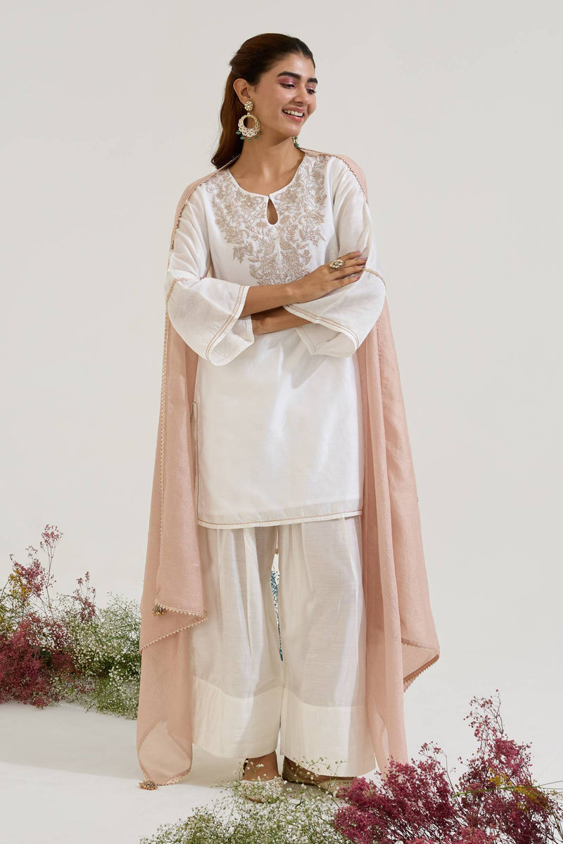 Rosy White Zari Scallop Chanderi Stripe Dupatta