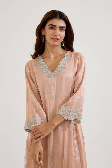 Rose Mint Dori Tissue Kurta with Wide Leg Pants - Set of 2