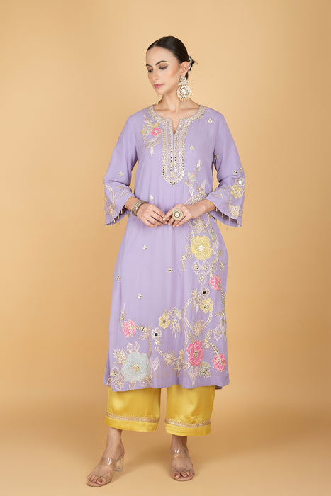 Purple Embroidered Kurta W/Contrasting Pant & Shaded Dupatta