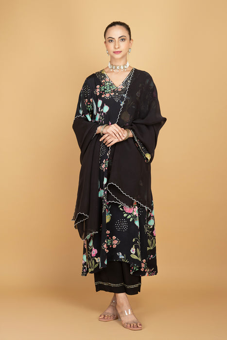 Black Floral Printed Sequin Embroidery Kurta with Pant & Dupatta Set