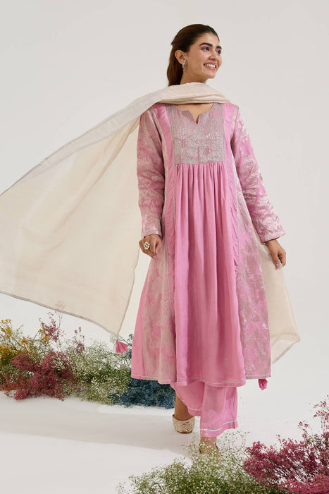 Lilac Dori Jacquard Kurta with Wide Leg Pants and Dupatta - Set of 3