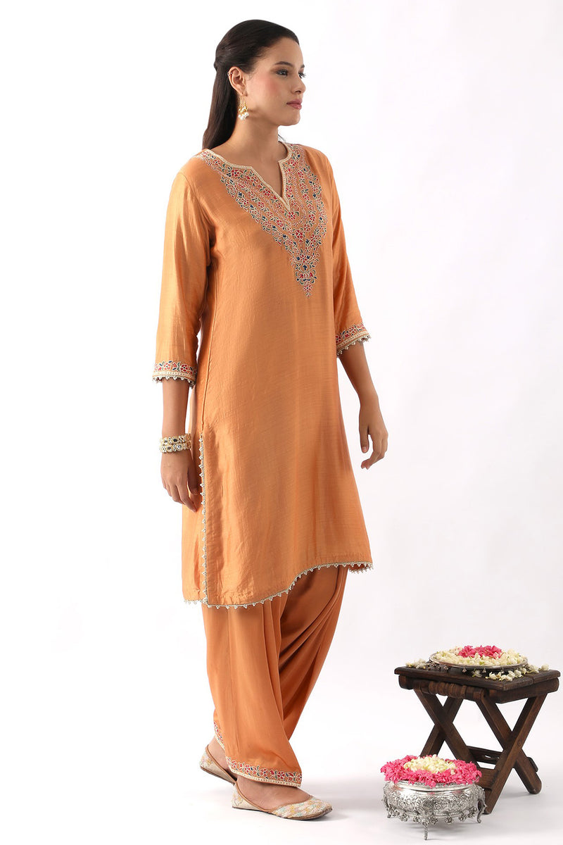 Orange Neck Embroidered Kurta & Salwar Set