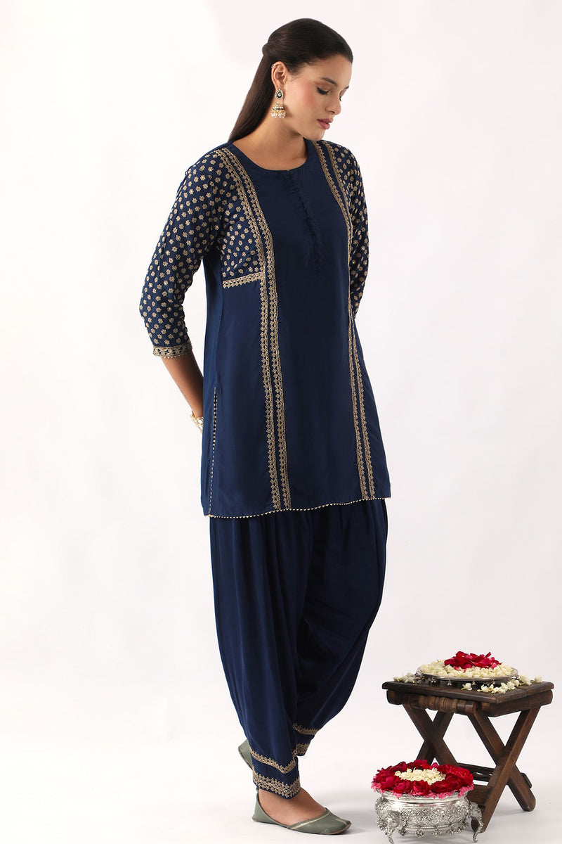 Midnight Blue yoke & sleeve embroidered short kurta & Salwar set