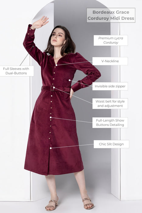 Bordeaux Grace Corduroy Midi Dress