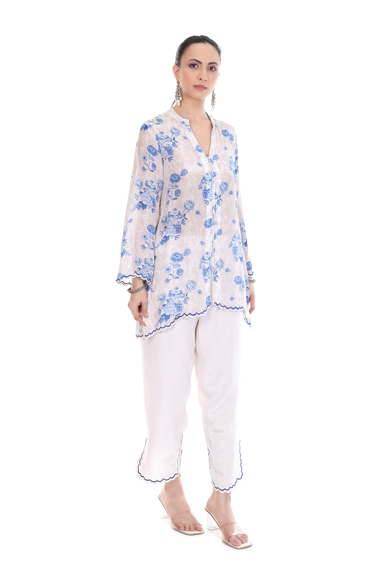Blue White Floral Printed Cord Set