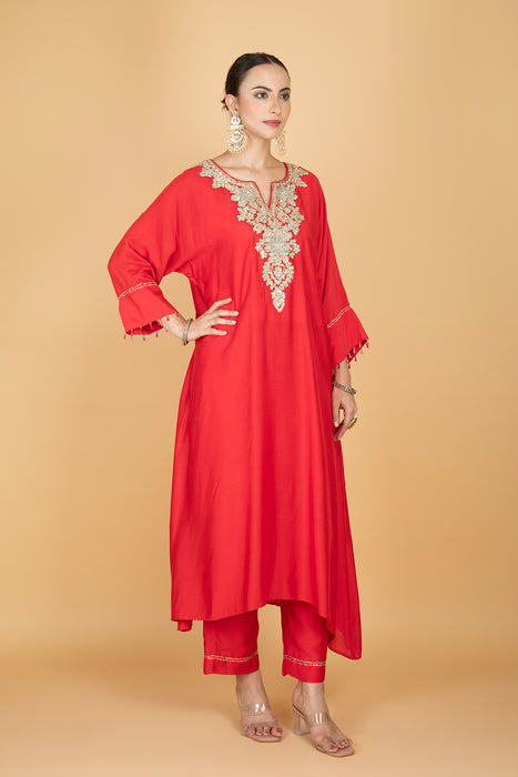 Red Embroidered Kaftaan  Kurta With Pants