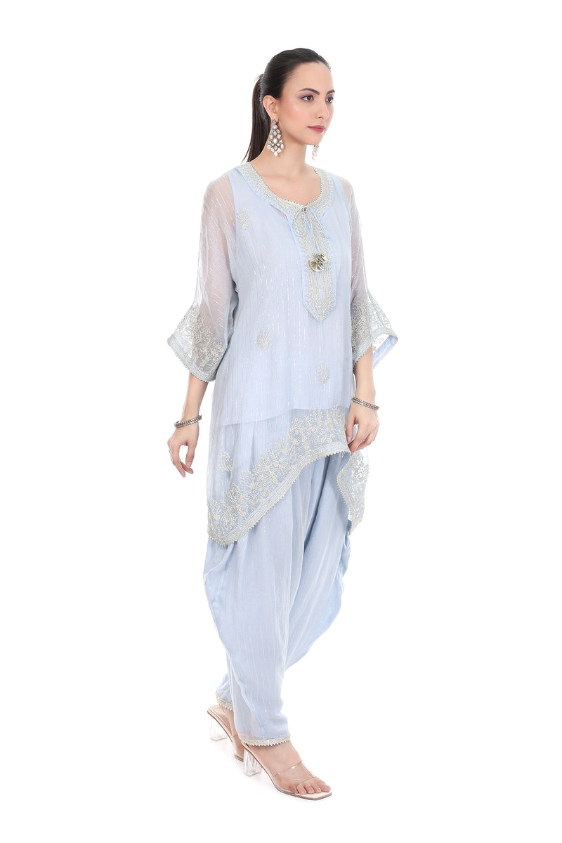 Blue Embroidered High Low Kaftaan  with Heram Pants