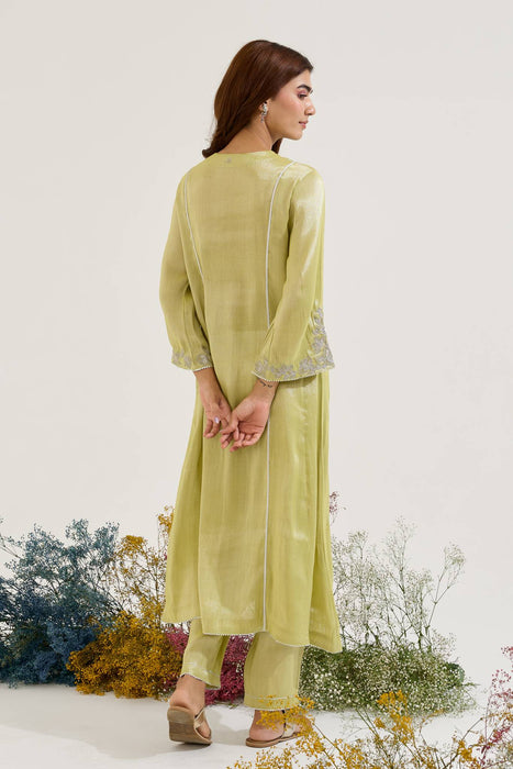 Lime Floral Zari Tissue Anarkali with Narrow Pants - Set of 2