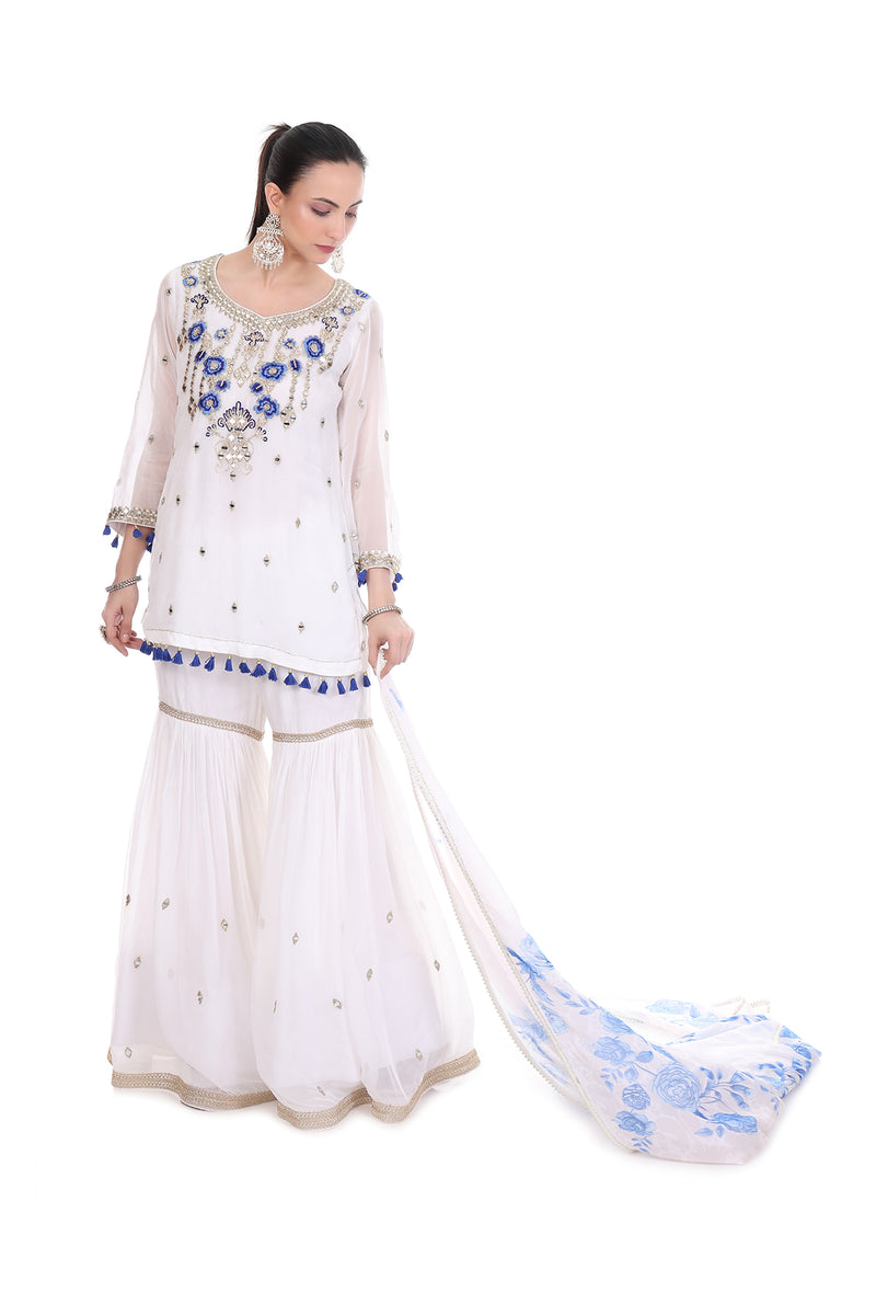 White Short Kurta Mirror Embroidered Sharara & Printed Dupatta