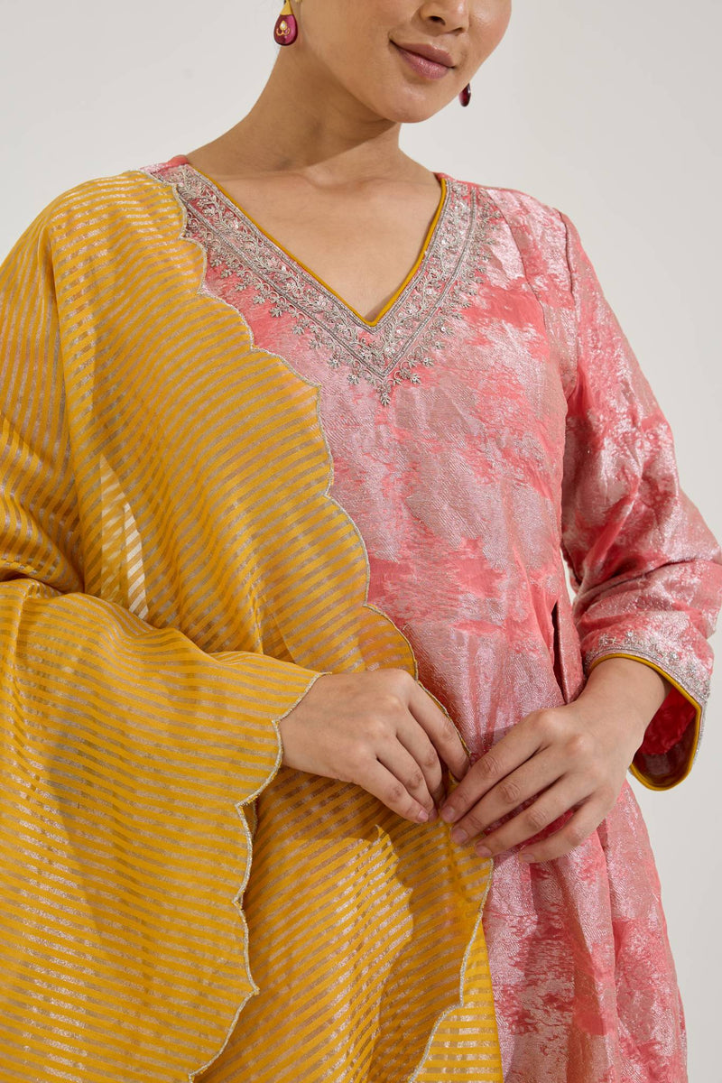Yellow Zari Scallop Chanderi Stripe Dupatta