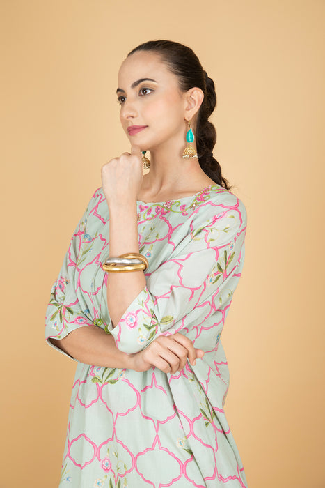 Green Embroidered Floral Print Short Kurta with Solid Pants