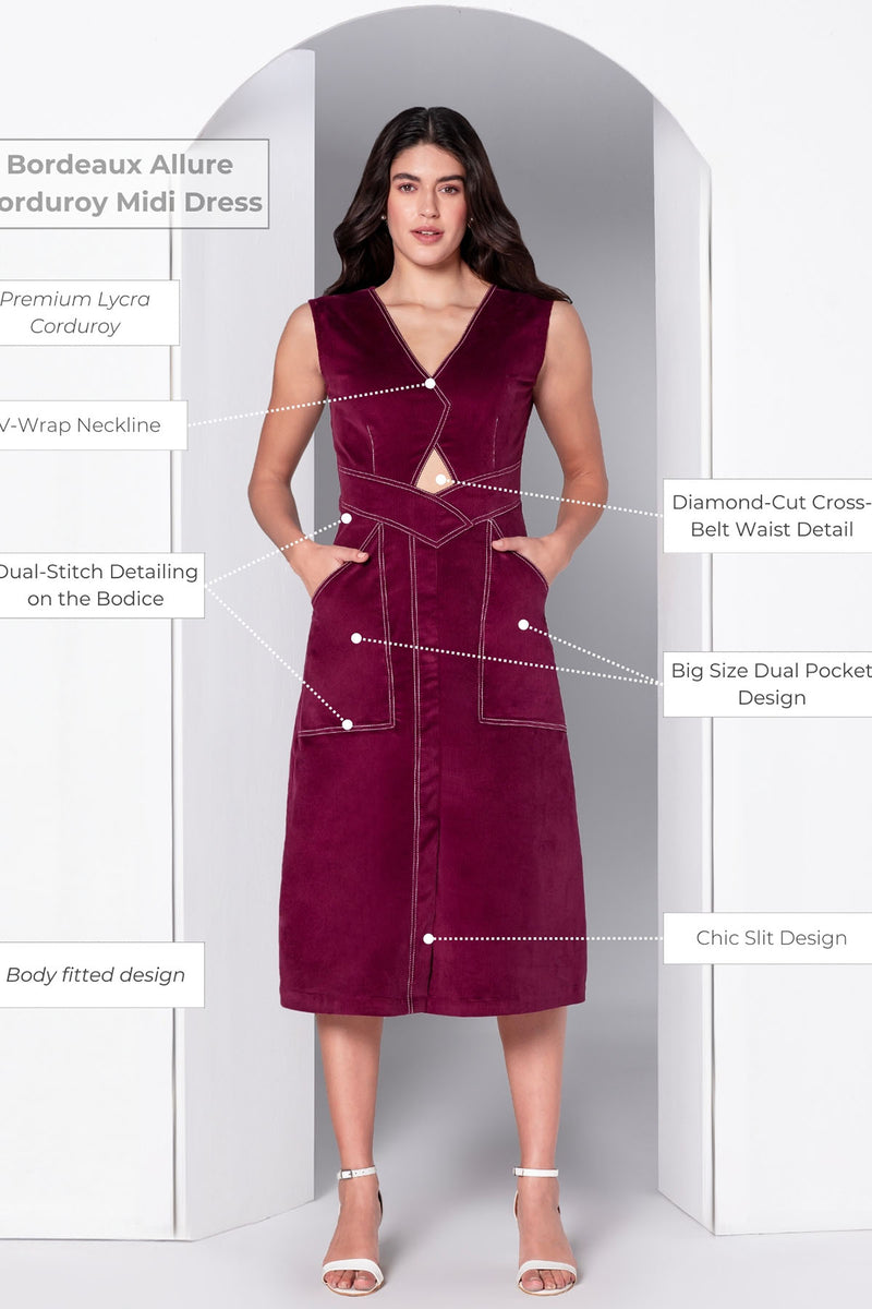 Bordeaux Allure Corduroy Midi Dress