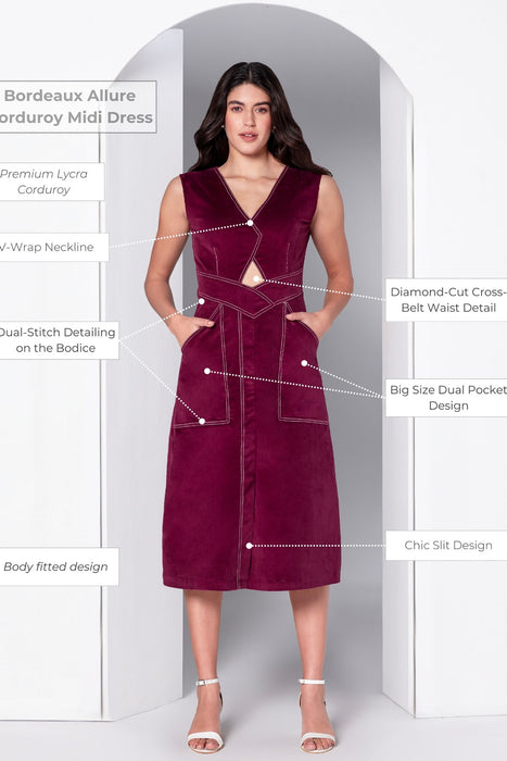 Bordeaux Allure Corduroy Midi Dress