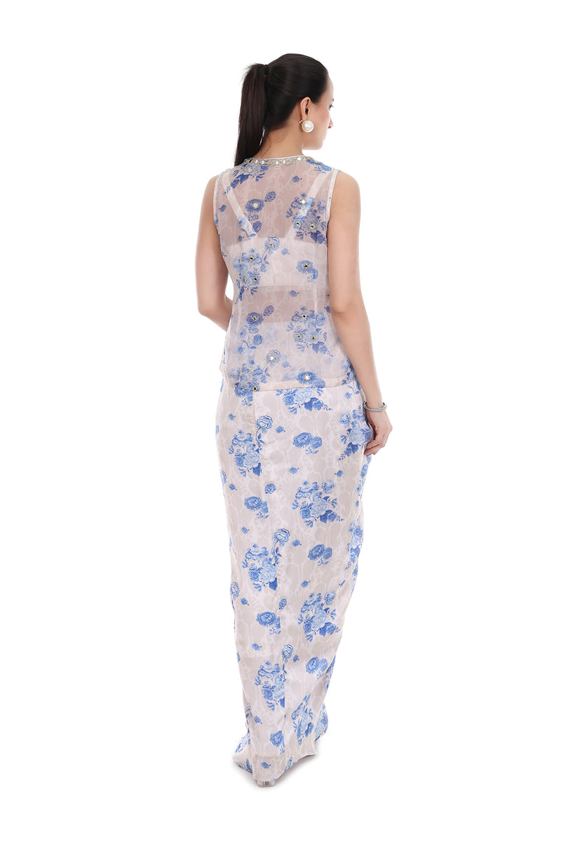 Blue White Sleeveless Jacket with Bustier & Drape Skirt