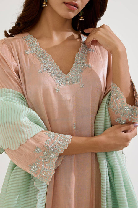 Rose Mint Scallop Chanderi Stripe Dupatta