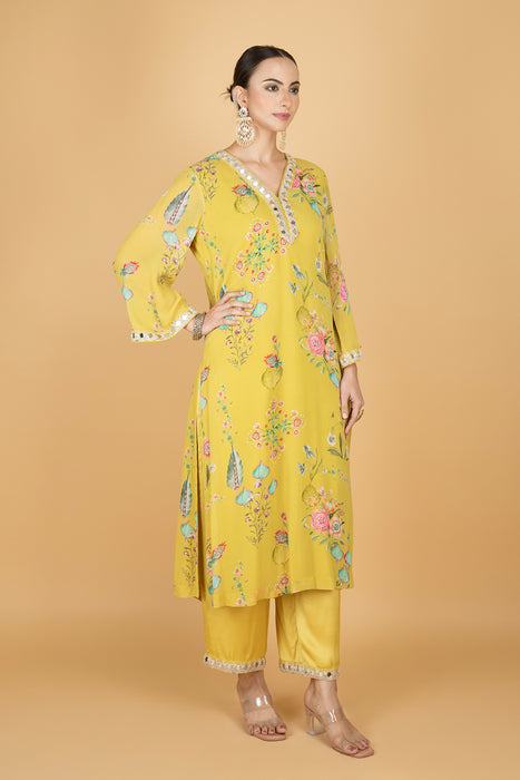 Lemon Yellow Floral Print Mirror Embroidered Kurta With Pants & Dupatta