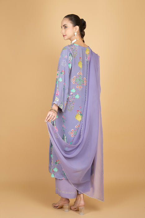 Purple Floral Printed Sequin Embroidery Kurta with Pant & Dupatta Set
