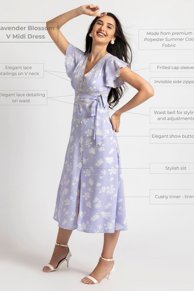 Lavender Blossom V Midi Dress