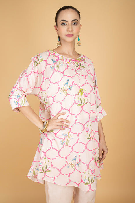 Nude Pink Embroidered Floral Print Short Kurta with Solid Pants
