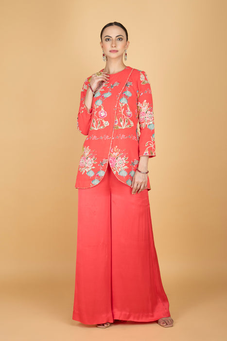 Coral Pink Floral Print Embroidered Overlay Top  W/Pants