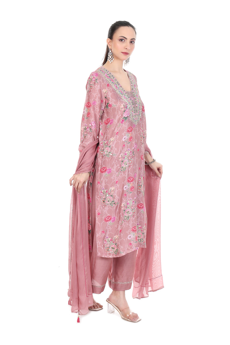 Pink Embroidered Floral Printed Kurta Set