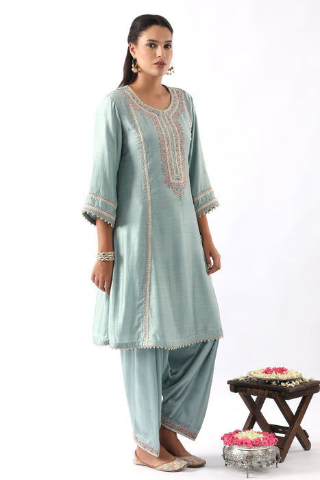 Ice Blue Embroidered A-Line Kurta & Salwar Set