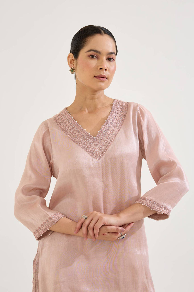 Old Pink Charm Tissue Kurta with Sharara and Dupatta - Set of 3