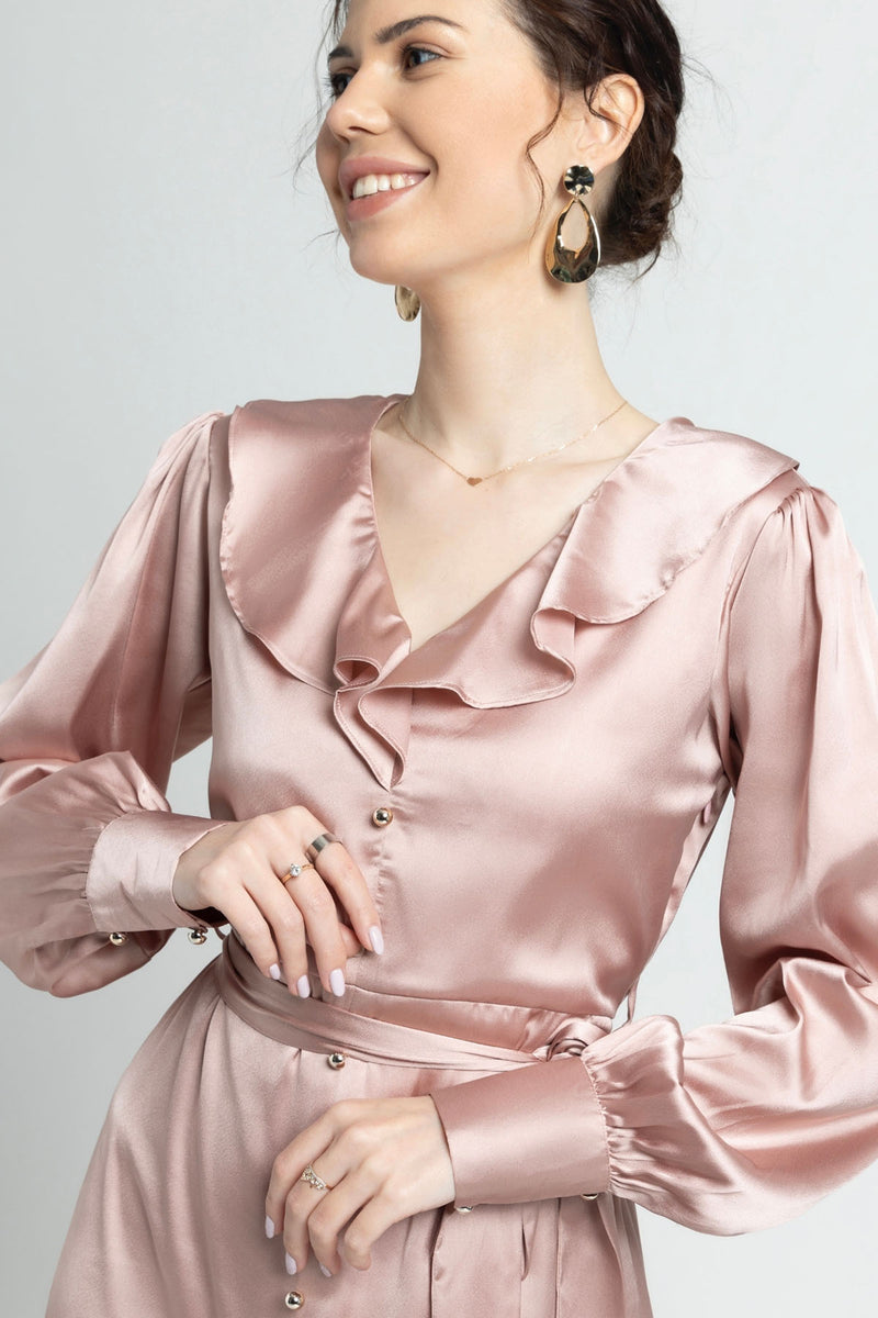 Rose Gold Ruffle V Midi Dress