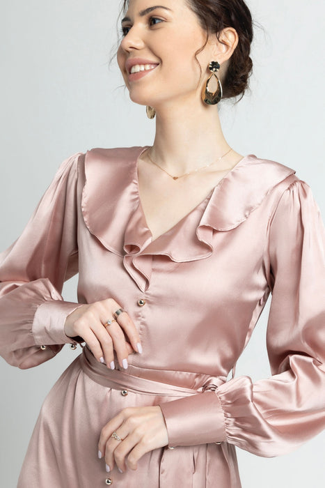 Rose Gold Ruffle V Midi Dress