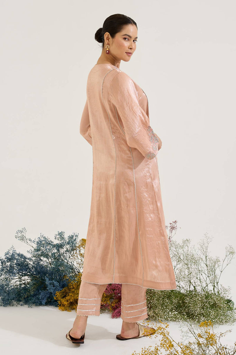 Pink Floral Zari Tissue Anarkali with Narrow Pants - Set of 2