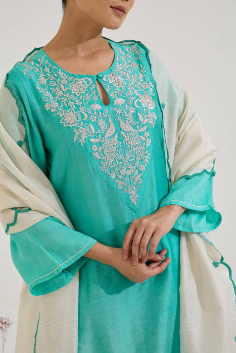 Aqua Green Zari Scallop Chanderi Stripe Dupatta