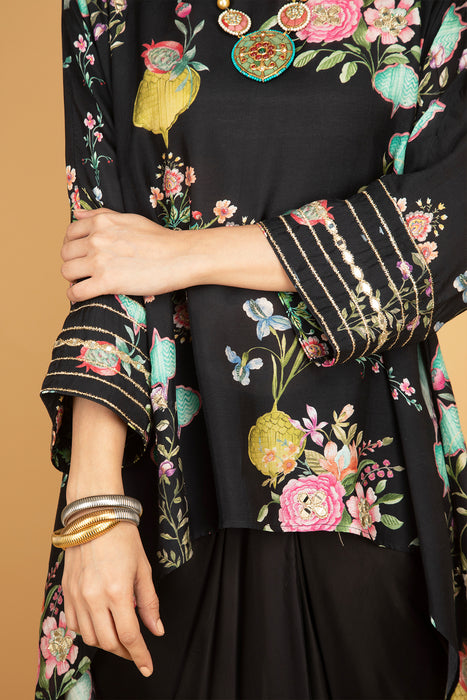 Black Printed Embroidered High Low Top W/Drape Skirt