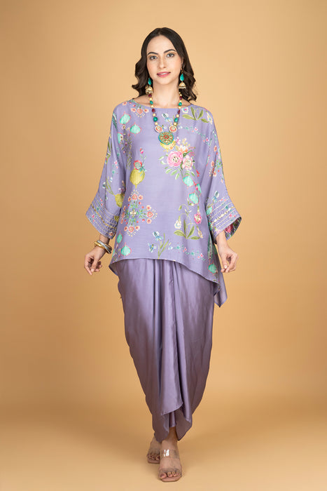 Purple Printed Embroidered High Low Top W/Drape Skirt