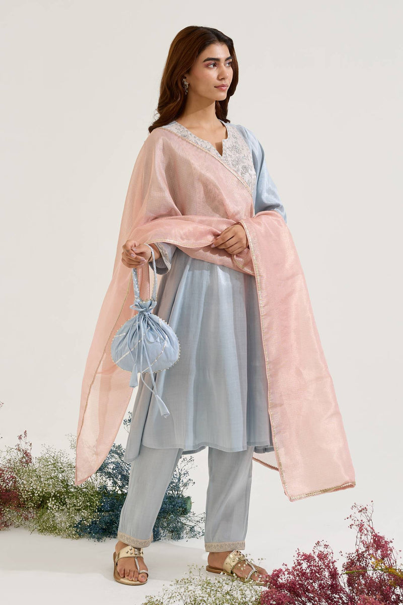 Sky Dori Tissue Anarkali with Narrow Pants and Dupatta - Set of 3