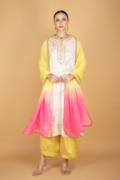 Ivory Embroidered Kurta W/Contrasting Pant & Shaded Dupatta