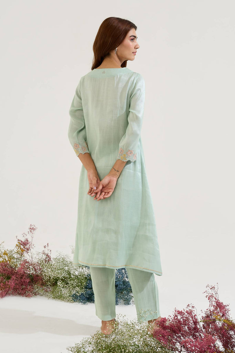 Mint Floral Zari Tissue Angrakha with Narrow Pants - Set of 2