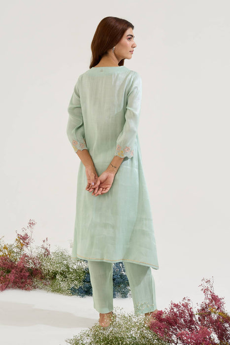 Mint Floral Zari Tissue Angrakha with Narrow Pants - Set of 2