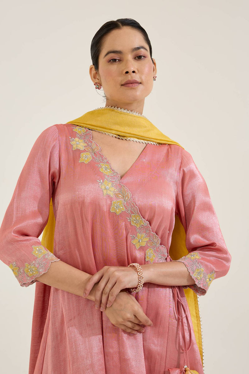Carrot Floral Embroidered Zari Chanderi Stripe with Tissue Panel Dupatta