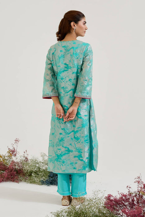 Aqua Dori Jacquard Kurta with Narrow Pants - Set of 2