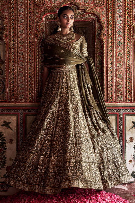 OLIVE PRINTED Chanderi silk Lehenga set