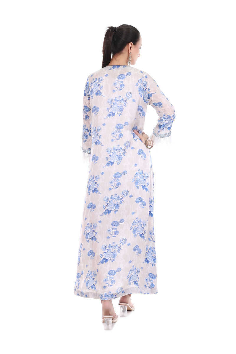 Blue White Floral Printed Embroidered Kaftaan with Pants Set