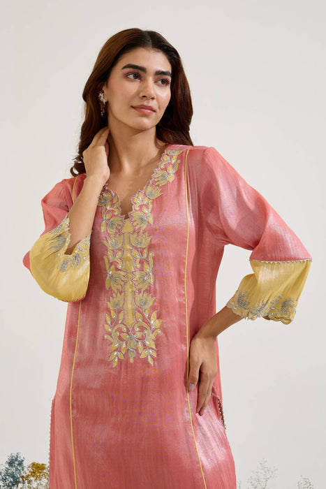 Red Lotus Applique Tissue Kurta with Narrow Pants - Set of 2