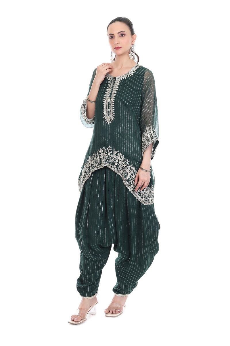 Green Embroidered High Low Kaftaan with Heram Pants